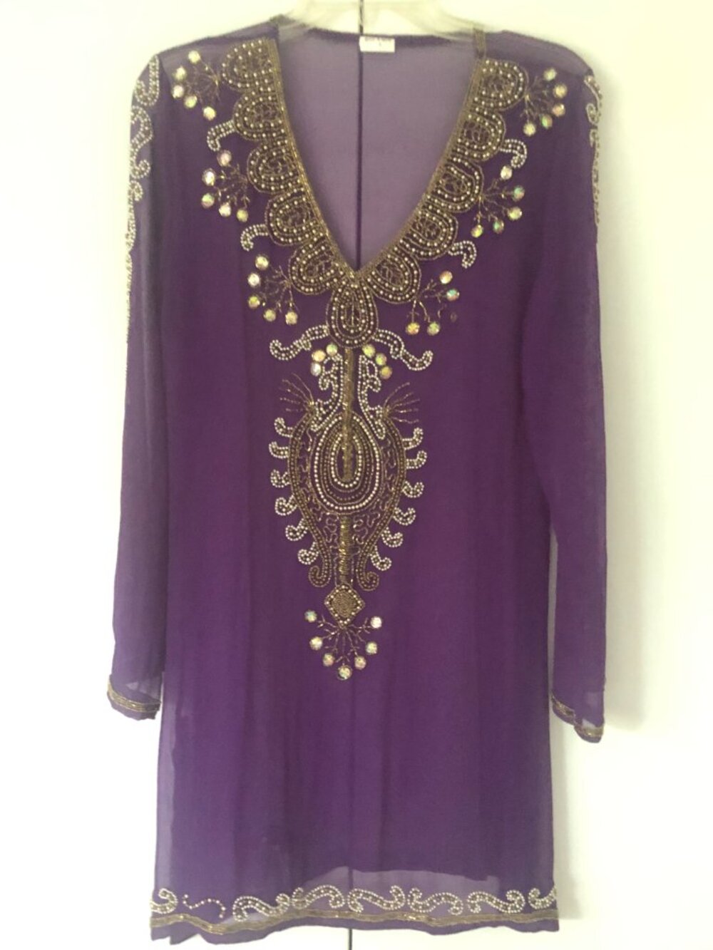 Purple Chiffon Crepe Embroidered Long Sleeve Women's Tunic US Size Small